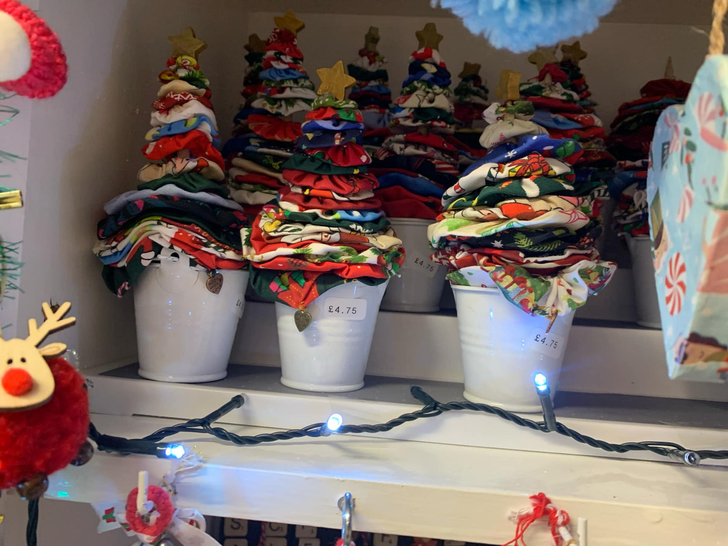 Scrunchie Christmas Trees in a cute white tin bucket